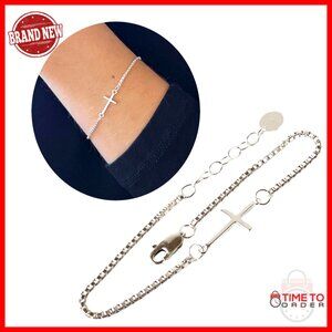 Sterling Silver Sideways Cross Bracelet Adjustable 7-8 Inch Layering
